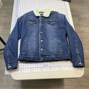 Men's Dark Blue Denim Sherpa Collar‎ Bomber Jacket